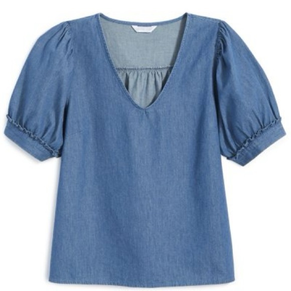 NWT Draper James 100% Cotton Chambray V Neck Puff Sleeve Blouse - Picture 1 of 7